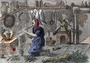 En heks i laboratoriet hennes lager en trylledrikk, rett et horn fylt med magiske urter. Gravering fra 1500-tallet av Unknown artist