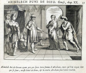 Abimelek gir Sara til Abraham - Bibel, gravering av Unknown artist