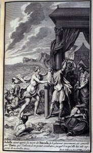 Achilles, etter å ha hørt om Patrokles død og gråt ham bittert, blir trøstet av Thetis, som oppfordret ham til ikke å kjempe før hun brakte ham nye våpen.» Illustrasjon av bok XVIII av Iliaden av Homere, fransk utgave av Unknown artist