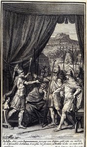 Akilles, irritert mot Agamemnon, sverger ved sitt septer at han kaster midt i forsamlingen av grekerne for ikke å hjelpe dem; og Nestor flekker forgjeves for å blidgjøre dem. Illustrasjon av bok I av Iliaden av Homere, fransk utgave av Unknown artist