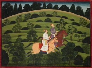 Akrura Rides Toward Dwarka, side fra den store Basohli Bhagavata Purana av Unknown artist