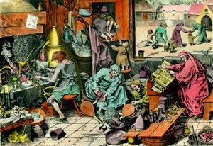 Alchemy Laboratory En alkymist som konsulterer en grimoire. Gravering av privatsamlingen fra 1500-tallet av Unknown artist