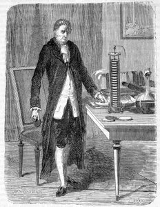 Alessandro (Alexandre) Volta bygde i 1799 elektromotoren eller det elektriske batteriet - gravering av Unknown artist