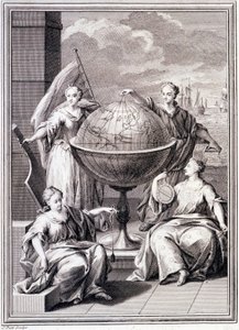 Allegory of the Exploration of the World - i "" Historical Journey of South America utført etter ordre fra kongen av Spania"", av Don Georges Juan og Don Antoine de Ulloa, Librairie du Roi, Paris av Unknown artist