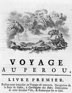 Allegori om "" Reisen til Peru "". Illustrasjon i "" Historical Journey of America Meridionale utført av kongen av Spanias orden"", av Don Georges Juan og Don Antoine de Ulloa, Librairie du Roi, Paris av Unknown artist