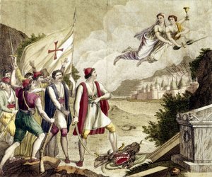 Allegori om gjenoppvåkningen av den nasjonalistiske følelsen av Hellas under osmansk dominans som førte til den greske uavhengighetskrigen (1821-1830) eller den greske revolusjonen. av Unknown artist