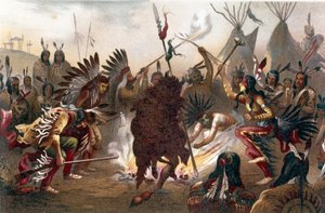American Indian Ritual (Sørlige Dakota Plains Indians): Sioux War Dance. kromolitografi fra "" The human race "" av Ratzel, omtrent 1890 av Unknown artist