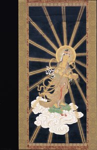 Amitabha (Amida) Triad Descending From Heaven (pigment på konshi (blått rispapir)) av Unknown artist