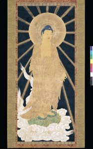 Amitabha (Amida) Triad Descending From Heaven (pigment på konshi (blått rispapir)) av Unknown artist