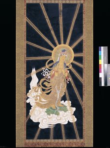 Amitabha (Amida) Triad Descending From Heaven (pigment på konshi (blått rispapir)) av Unknown artist