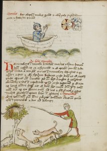 En eldre mann i bønn i en båt; en katt i et tre under hvilket det er en rev av Unknown artist