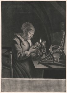En gammel kvinne reparerer spinnehjulet hennes av Unknown artist