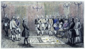 En lærlingloge i Paris, ca. 1740: denne scenen skildrer mottakelsen av en "lærling"" frimurer (på gulvet maleriet av lærlinglogen) - ifølge en gravering fra tiden. av Unknown artist