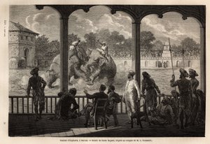 En elefantkamp, i Baroda (eller Vadodara), delstaten Gujarat på nordøstkysten av India. Gravering for å illustrere reise i India av Rajahs, av Louis Rousselet, i 1864-1868, publisert i "" Le tour du monde""" 1870-1871, redigert av Edouard Charto av Unknown artist