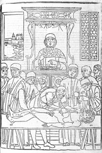 Anatomisk disseksjon. Gravering fra en medisinavhandling av Gerolamo Cardano (Cardanus Hieronymus), Firenze av Unknown artist