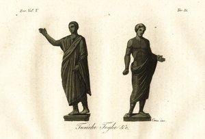 Gamle etruskiske statuer som viser menn som har på seg toga, tunika, calzari (sko) osv. av Unknown artist