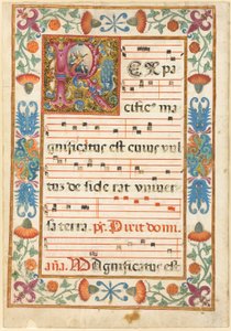 Engel som spiller et instrument i en dekorert initial quot;Rquot; med flora, fauna og grotesk, fra en antifonal av Unknown artist