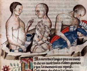Kjempen Antaeus senker Dante og Virgil på den frosne bakken i sirkelen av forræderi (sang 31 fra helvete, i den guddommelige komedie) - miniatyr 1400-tallet av Unknown artist