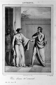 Antigone Act I, scene 3. Italiensk tragedie av Vittorio Alfieri skrevet i 1783 etter gresk mytologi. Gravering fra 1700-tallet. av Unknown artist