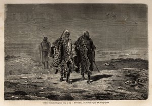 Arabiske beduiner, panterskinn og saueullhandlere, på vei til Bagdad-marsjen (Irak). Gravering for å illustrere turen til Babylon, i 1866, av Guillaume Lejean, i «Le tour du monde, nouveau journal des voyages»» publisert under dire av Unknown artist
