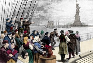Når familier av emigranter ankommer havnen i New York, er frihetsstatuen synlig. Gravering fra "" Harper