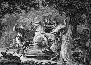 Assassination of Childeric II, 675: kongen av frankerne (ca. 653-675) ble drept i skogen i Lognes av Bodillon, en herre som han hadde pisket. Gravering fra 1700-tallet. av Unknown artist