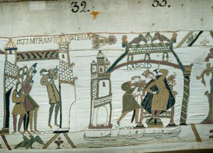Astrologer rapporterer utseendet til kometen (Halley), presser av ulykke for Harold, knapt krone kongen av England. Detalj av billedvev av Bayeux eller broderi av dronning Mathilde av Unknown artist