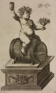 Bacchus på tønne, utstillingsdukke for å skyte opp fyrverkeri, gravering fra Grand Art d#39;Artillerie, av Casimir Siemienowicz av Unknown artist