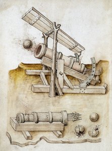 Ballpistol og pilpistol - Manuskript: pergamentark av en ingeniørhåndbok for bygging av sivile, religiøse og militære bygninger, anonym, sent på 1400-tallet (figur med kinesisk blekk) av Unknown artist