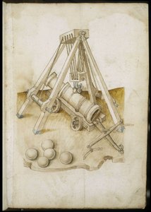 Kulepistol og heis - Manuskript: pergamentark av en ingeniørhåndbok for bygging av sivile, religiøse og militære bygninger, anonym, sent på 1400-tallet (figur med kinesisk blekk) av Unknown artist