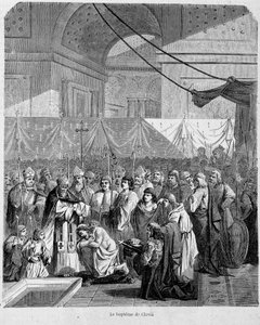 Bapteme of Clovis av Anastase II i katedralen i Reims 25. desember 498 - i "Histoire des popes"", vol. 1, Maurice Lachatre. av Unknown artist
