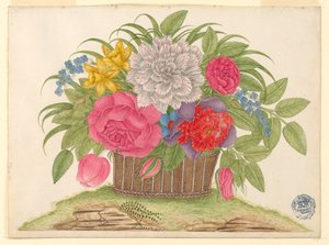 Kurv med blomster og blader på jorden av Unknown artist