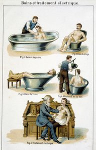 Bad og elektrisk behandling: 1) Badekar, 2) Setebadekar, 3) Bagasjeromsbad, 4) Tilbake til badekar, 5) Elektrisk behandling - i "Bilz, Natural Medication", slutten av 1800-tallet av Unknown artist