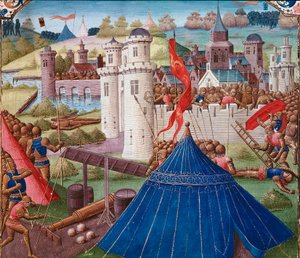 Kampscene en Carthage-miniatyr fra "" Roman History"" (Ad urbe condita) av Tite Live (59 f.Kr.-17 e.Kr.) (Titus Livius), oversatt av Pierre Bessuire 1450-1500 Chantilly, Musee Conde av Unknown artist