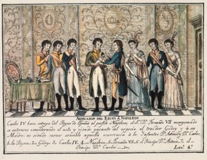Bayonnes intervju i 1808 etter oppstanden til Aranjuez, som så abdikasjonen av kong Charles IV av Spania avgi tronen til Napoleon I før sønnen Ferdinand VII (Fernando VII) av Unknown artist