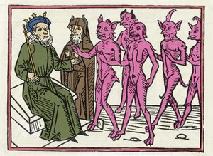 Belials rettssak: “Belial-demonen akkompagnert av fire andre demoner er til stede for dommer Solomon” “Gravering fra “The Belial-rettssaken”” av Jacobus de Teramo (eller Palladino), Ausburg av Unknown artist