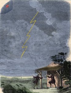 Benjamin Franklin, filosof, fysiker og amerikansk ambassadør, eksperimenterer med lynavlederen sin montert på en drage. september 1752. av Unknown artist