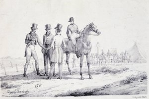 Spill på kanten av racerbanen med en jockey på hesteryggen - litografi, deb. 1800-tallet av Unknown artist
