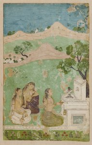 Bhairavi Ragini (en musikalsk modus): tre figurer foran en helligdom av Unknown artist