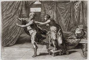 Bibelen til Royaumont, Det gamle testamente: Josephs kyskhet. Josef ble bedt om av kona til Putifar (Potifar), og satt i fengsel. Illustrasjon fra 1811. av Unknown artist