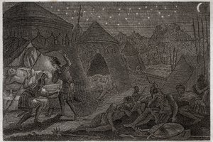 Bibelen til Royaumont, Det gamle testamente: David redder Saul. David har Saul i hendene, men han skader ham ikke. Han tar bare spydet og koppen. Illustrasjon fra 1811. av Unknown artist