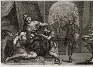 Bibelen til Royaumont, Det gamle testamente: Samsons død. Samson oppdager Dalila at styrken hennes var i håret. Hun klipper håret hans og bringer filistersoldatene inn i rommet. Illustrasjon fra 1811. av Unknown artist