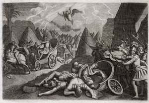 Bible of Royaumont, Old Testament: Defeat of Sennacherib. God defeated the army of Sennacherib (Sancherib) in favour of King Ezekiah by an Angel who killed one hundred and eighty five thousand men in one night. Illustration from 1811. av Unknown artist