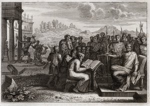 Bibelen til Royaumont, Det gamle testamente: Piete of Josias. Josiah, kongen av Juda, gjenoppretter tilbedelsen av Gud i sitt rike, og passerer alle kongene sine forgjengere i kraft. Illustrasjon fra 1811. av Unknown artist