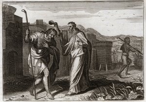 Bible of Royaumont, Old Testament: Rite of Saul. Samuel, by order of God, sacred Saul to be King of the Jews. Illustration from 1811. av Unknown artist