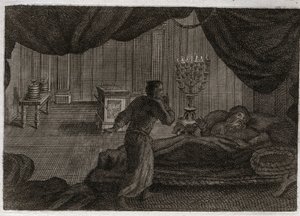 Bibelen til Royaumont, Det gamle testamente: Samuel gir Heli. Anne (Hannah) innviet lille Samuel til Herren, og ga den til ypperstepresten Heli. Samuel, som hører stemmen til Herren som kaller ham midt på natten, tror at dette er hans mentor, c. av Unknown artist