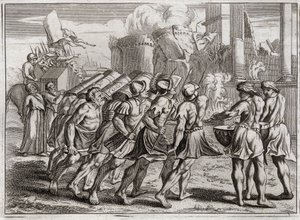 Bibelen til Royaumont, Det gamle testamente: Tatt av Jeriko. Jerikos murer faller til jorden til lyden av trompetene til prestene som gikk foran Herrens paktsark. Illustrasjon fra 1811. av Unknown artist
