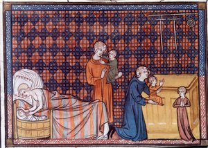Fødsel og utdanning av kongen av Frankrike Louis IX eller Saint Louis (1214-1270). Miniatyr fra manuskriptet "Life and Miracles of Saint Louis" av William av Saint Pathus av Unknown artist