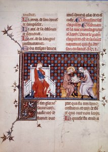 Blanche de Castille, dronning av Frankrike (1188-1252), leder utdannelsen til sønnen Louis IX (1214-1270) (Saint Louis Miniature fra et manuskript "Life and Miracles of Saint Louis" av William av Saint Pathus. 1320. Paris , B.N. av Unknown artist