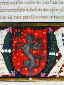 Blazon dekorerer en enhjørning, en stjerne på rød bakgrunn. Detalj av en miniatyr. 1300-tallet av Unknown artist